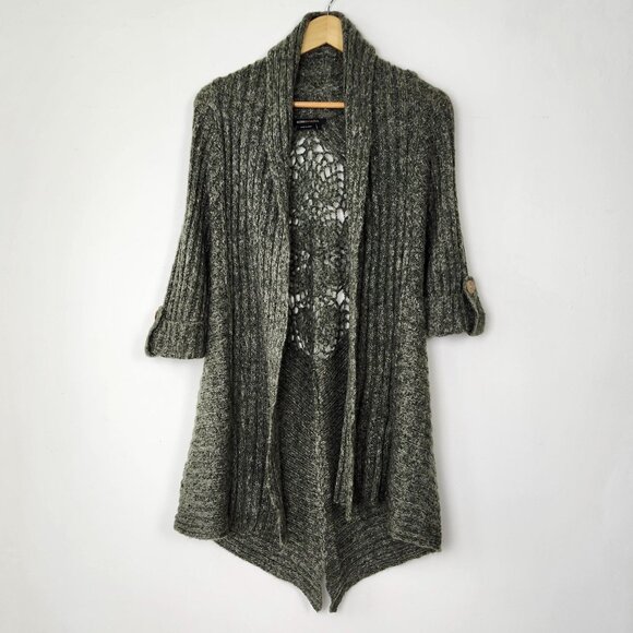 BCBG Forest Green Long Knit Cardigan Sweater Shall Collar Crochet Design Back - Picture 2 of 13